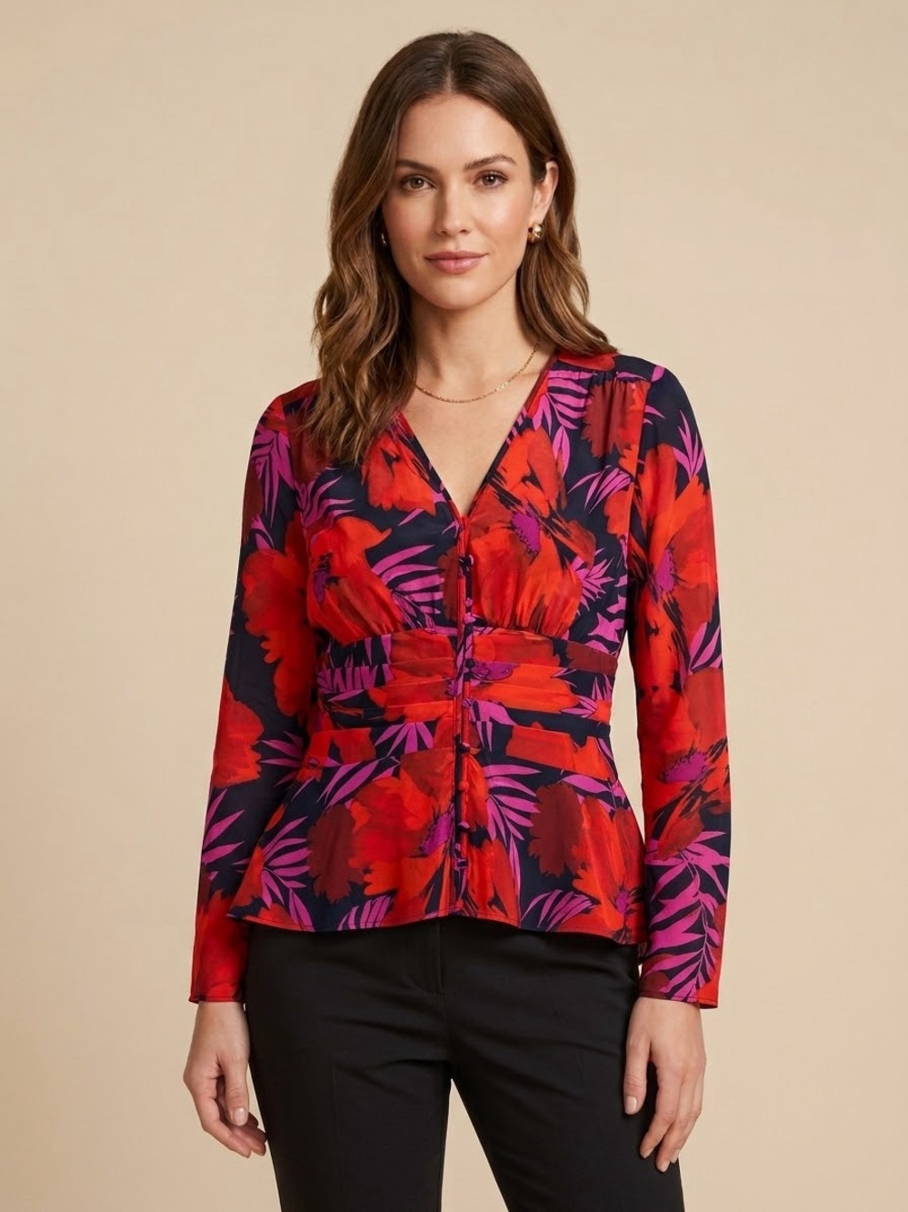 Veronica Beard Floral Silk Blend Ruched V-Neck Peplum Blouse Button Front